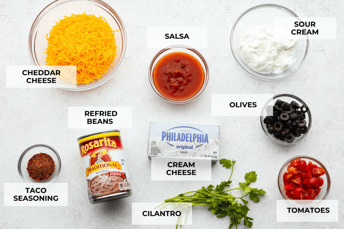 Ingredients labeled to make bean dip.