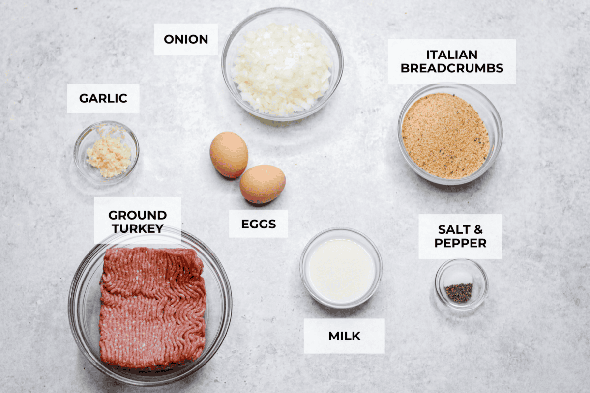 Ingredients labeled to make baked turkey meatballs.