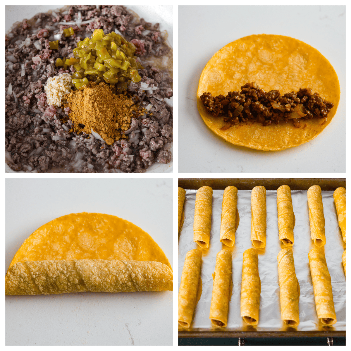 4-photo collage of the beef filling being added to tortillas, then rolled up.