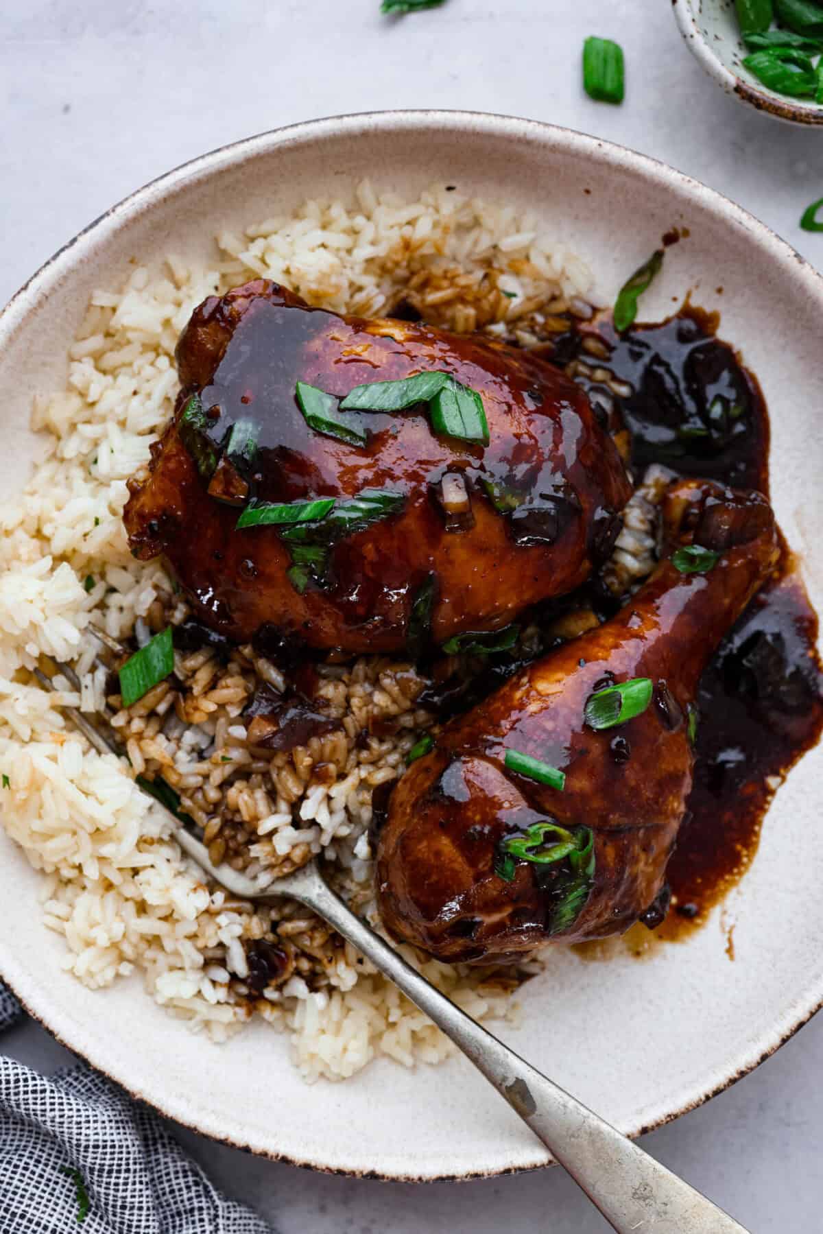 overhead shot of plated adobo chicken over rice. 