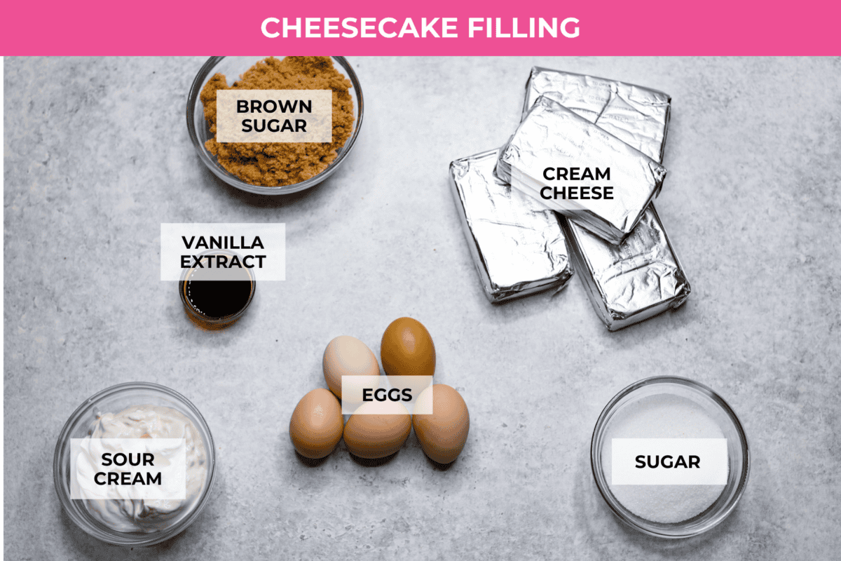 Overhead shot of labeled cheesecake filling ingredients. 