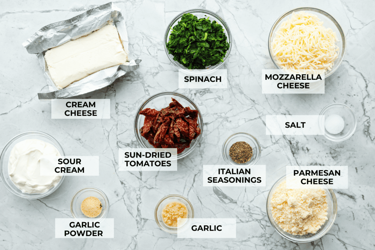 Ingredients listed to make creamy Tuscan dip.