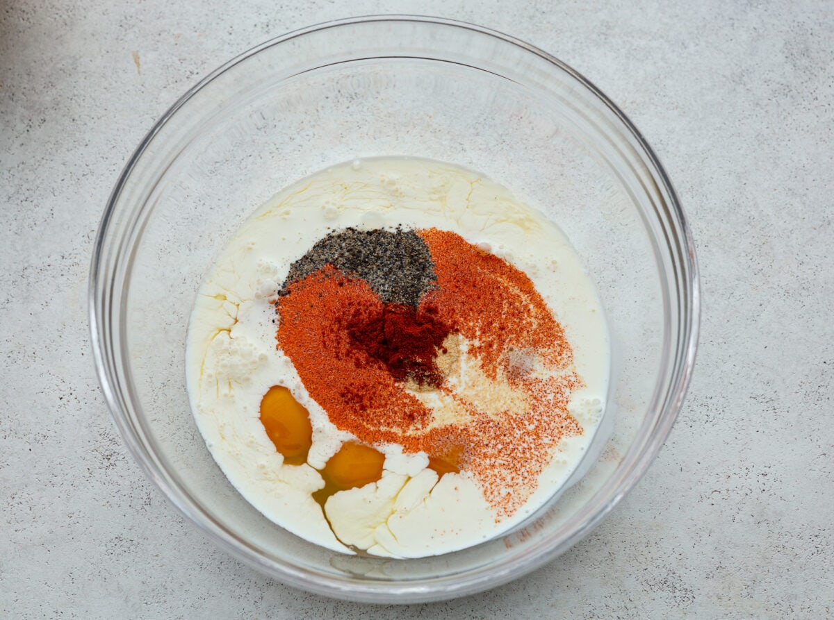 All of the ingredients in a glass bowl before being mixed. 