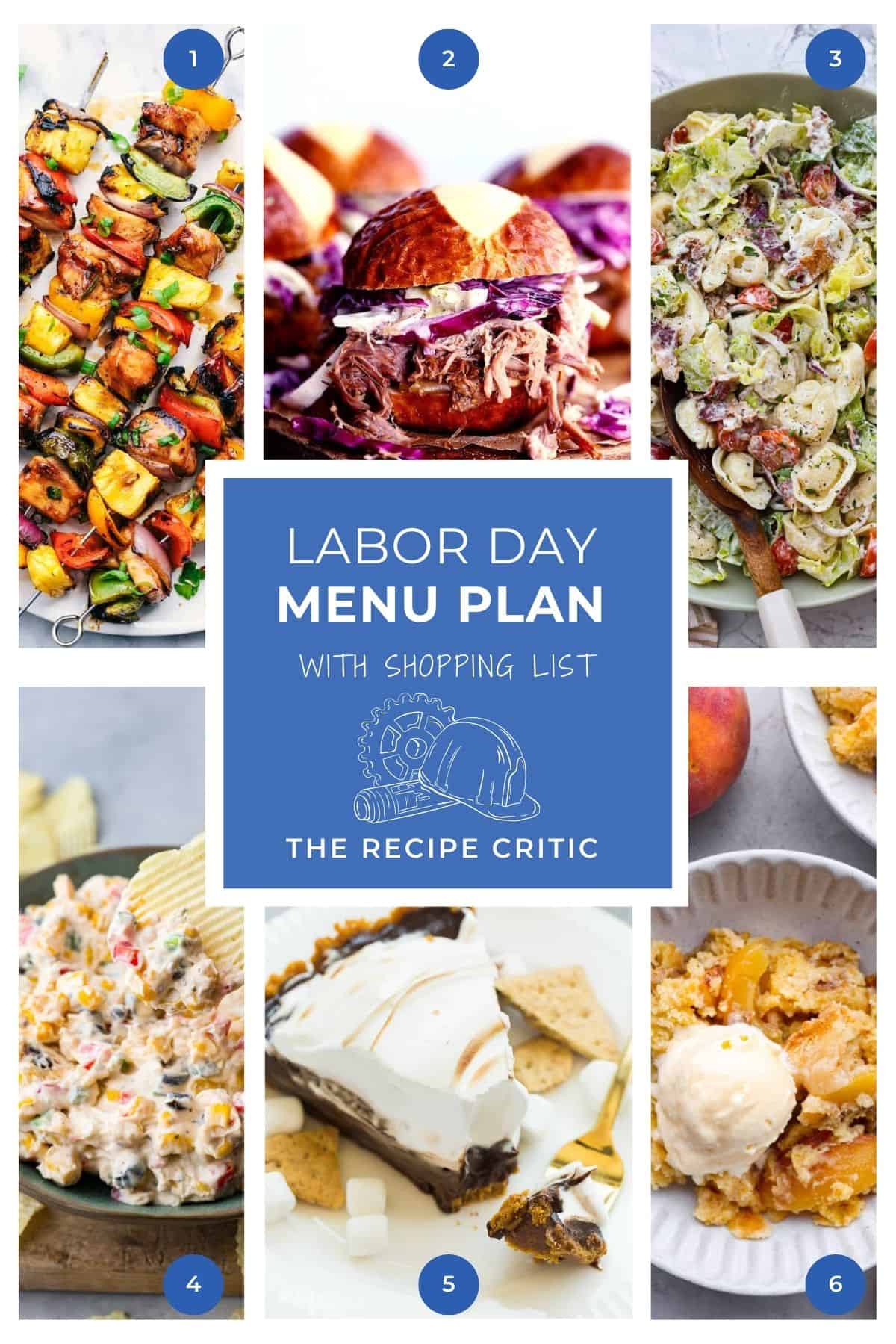 A collage of 6 images and a graphic that says " labor day menu plan with shopping list". 