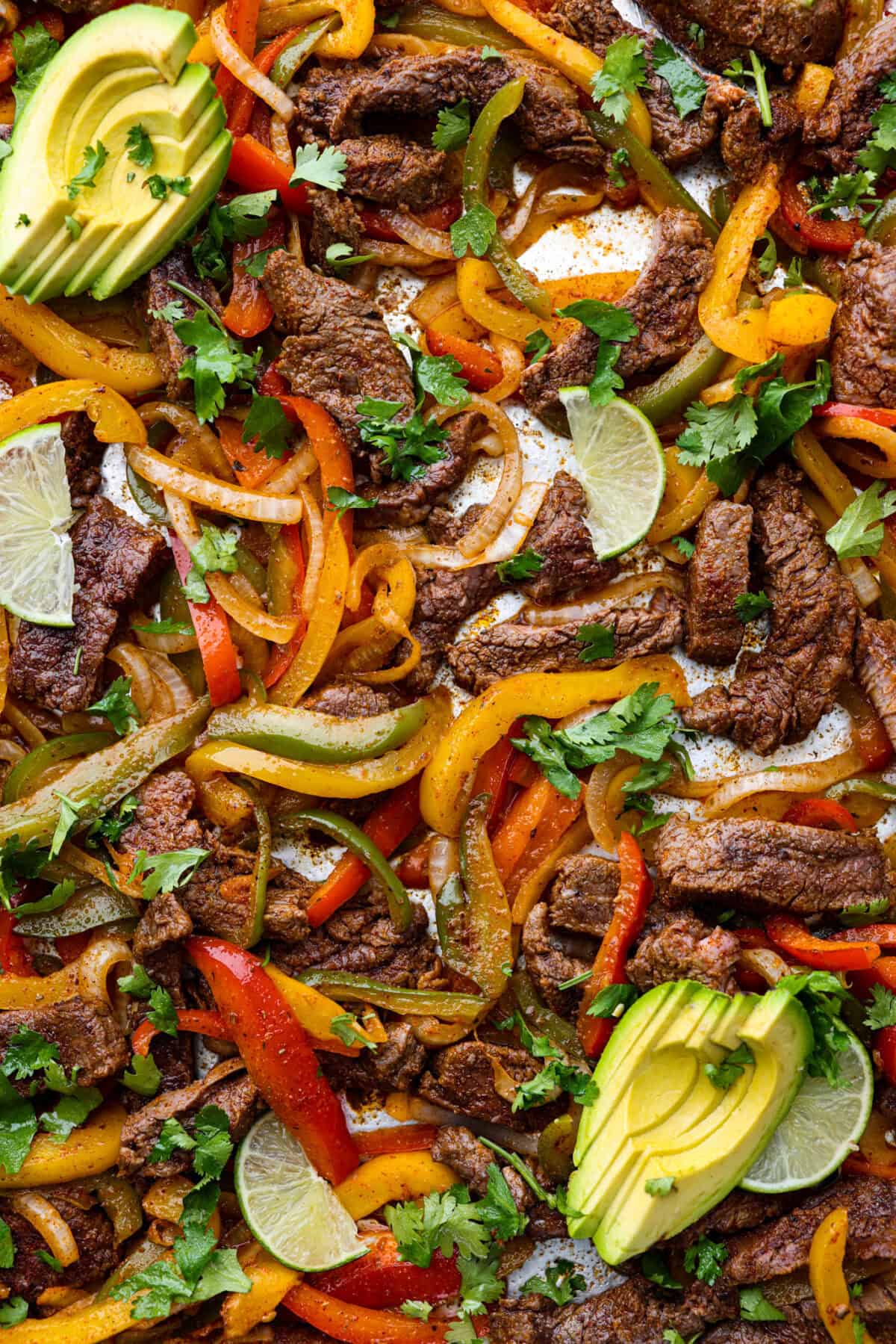 Close up shot of sheet pan steak fajitas. 