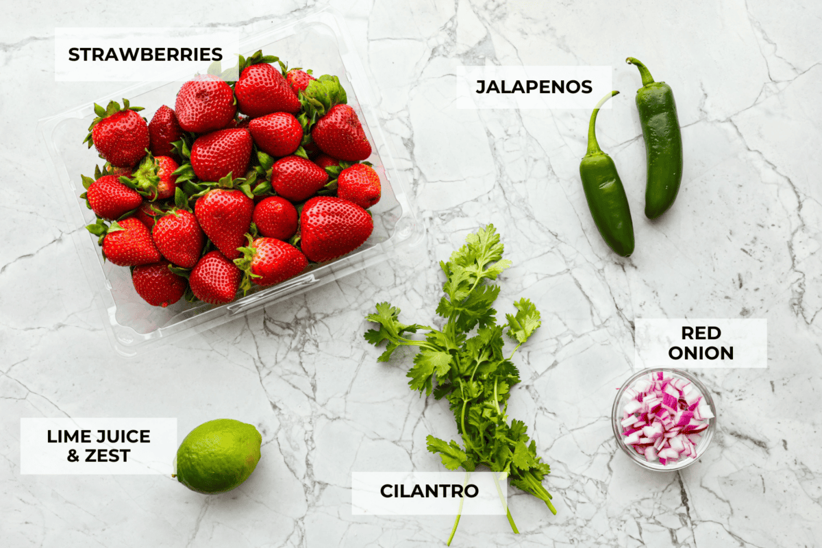 Top view of individual ingredients on a counter with labels. 