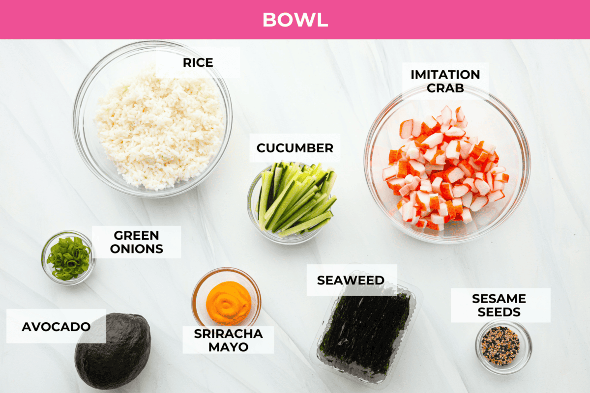 Overhead shot of labeled ingredients. 