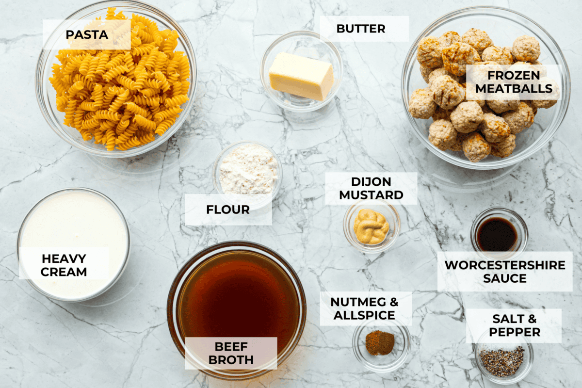 Overhead shot of labeled ingredients.