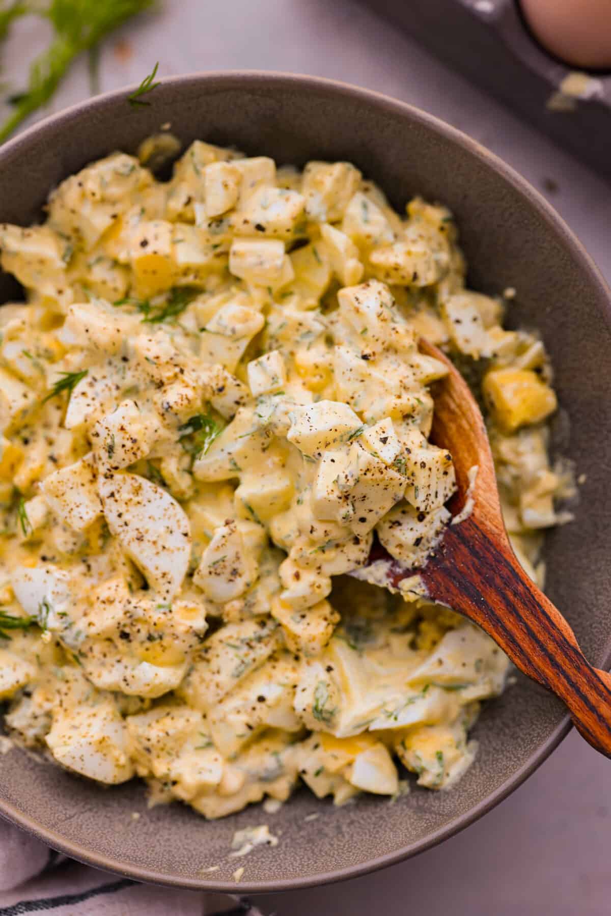 Closeup of a serving of egg salad.