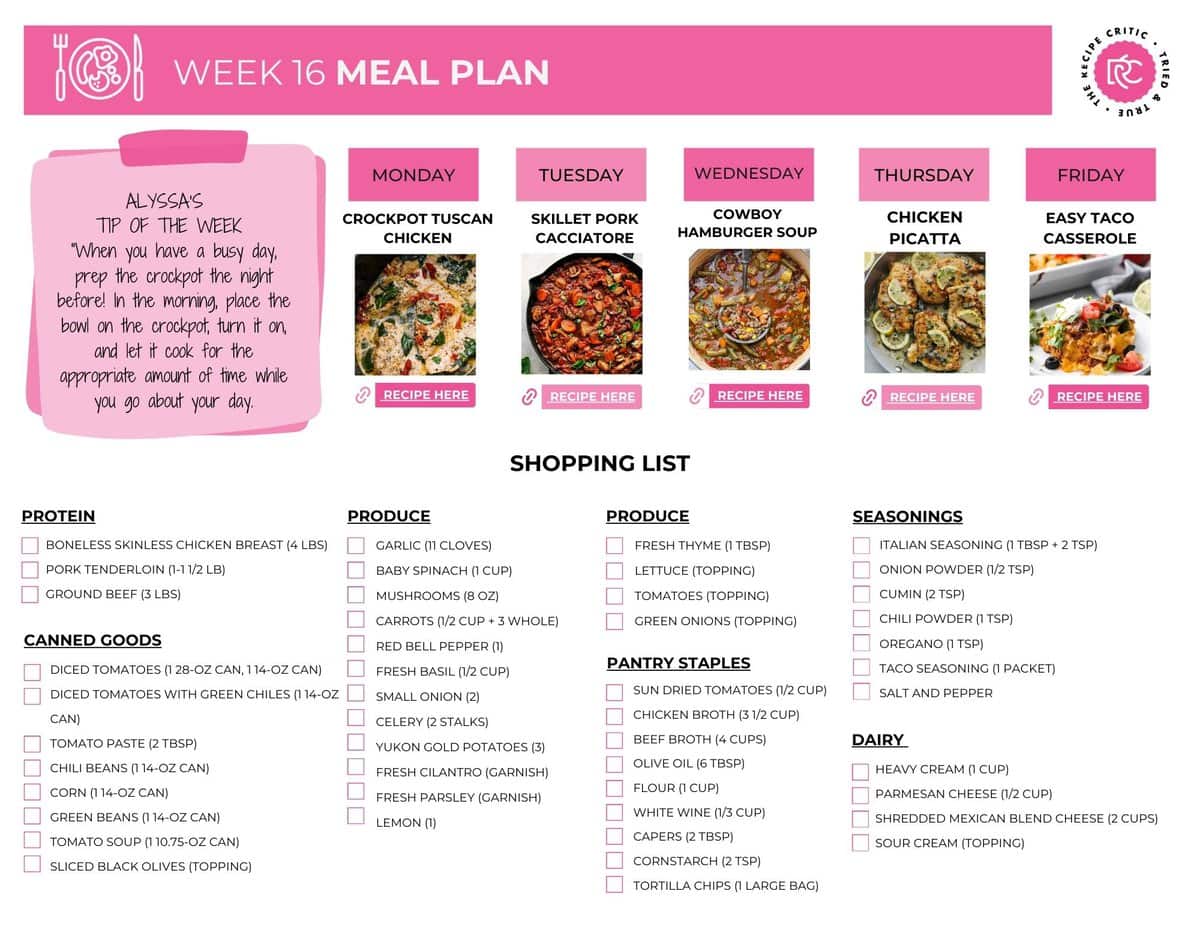 a pdf of a printable meal plan with shopping list. 