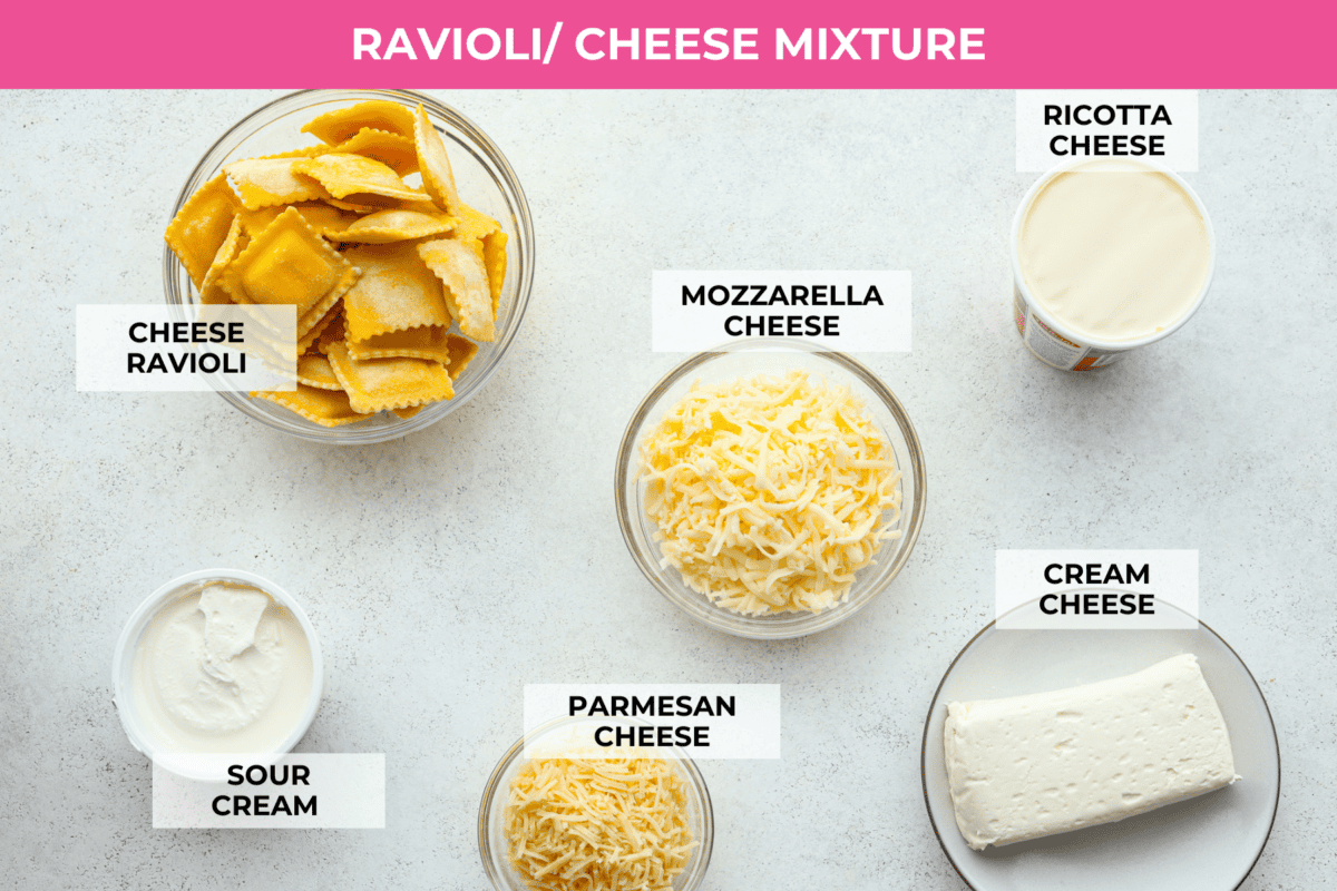 Overhead shot of ravioli and cheese mixture ingredients for million dollar ravioli casserole. 