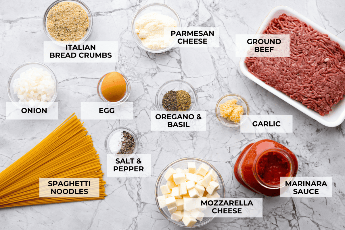 Ingredients listed to make mozzarella stuffed meatballs.