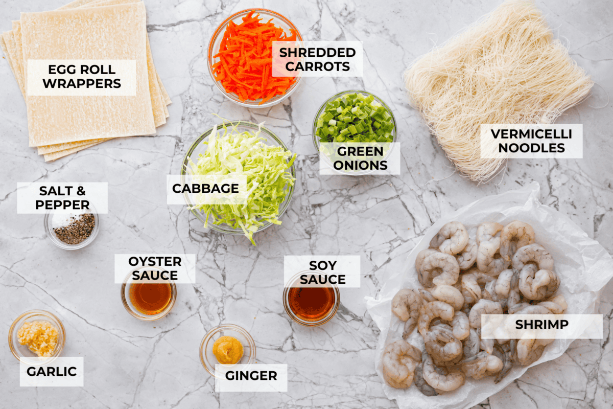 Overhead shot of labeled ingredients. 