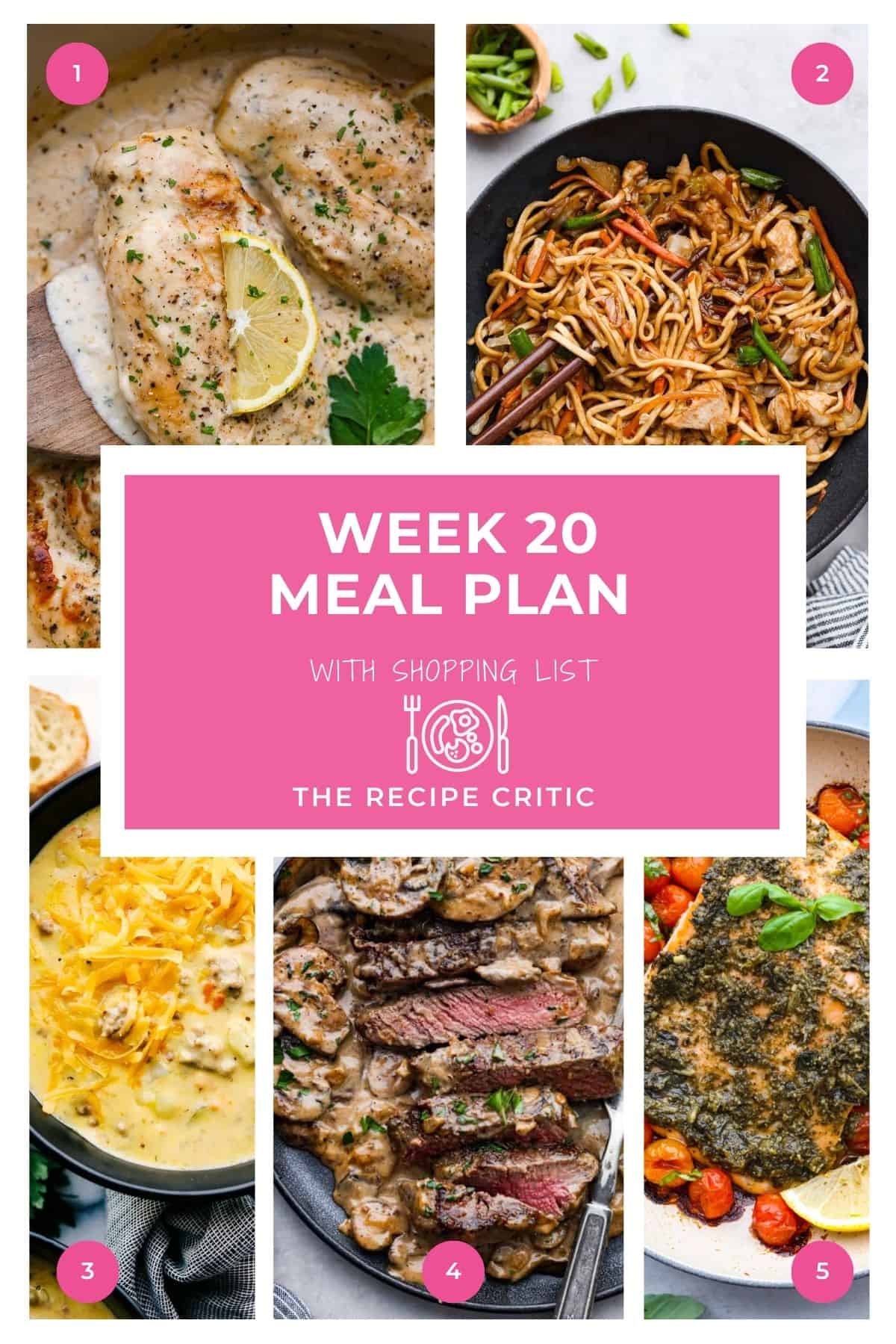 A collage of 5 pictures with a graphic that says week 20 meal plan with shopping list. 