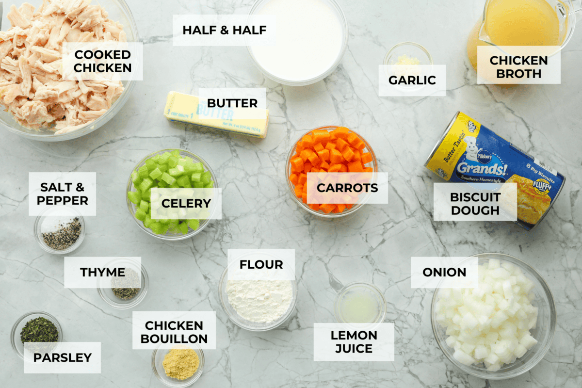 Overhead shot of labeled ingredients. 