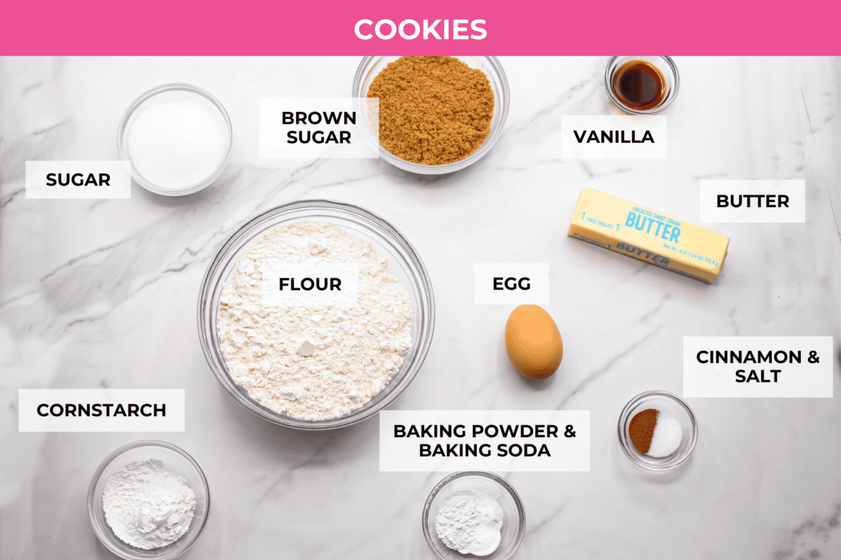 Overhead shot of labeled coffee cake cookie dough ingredients.