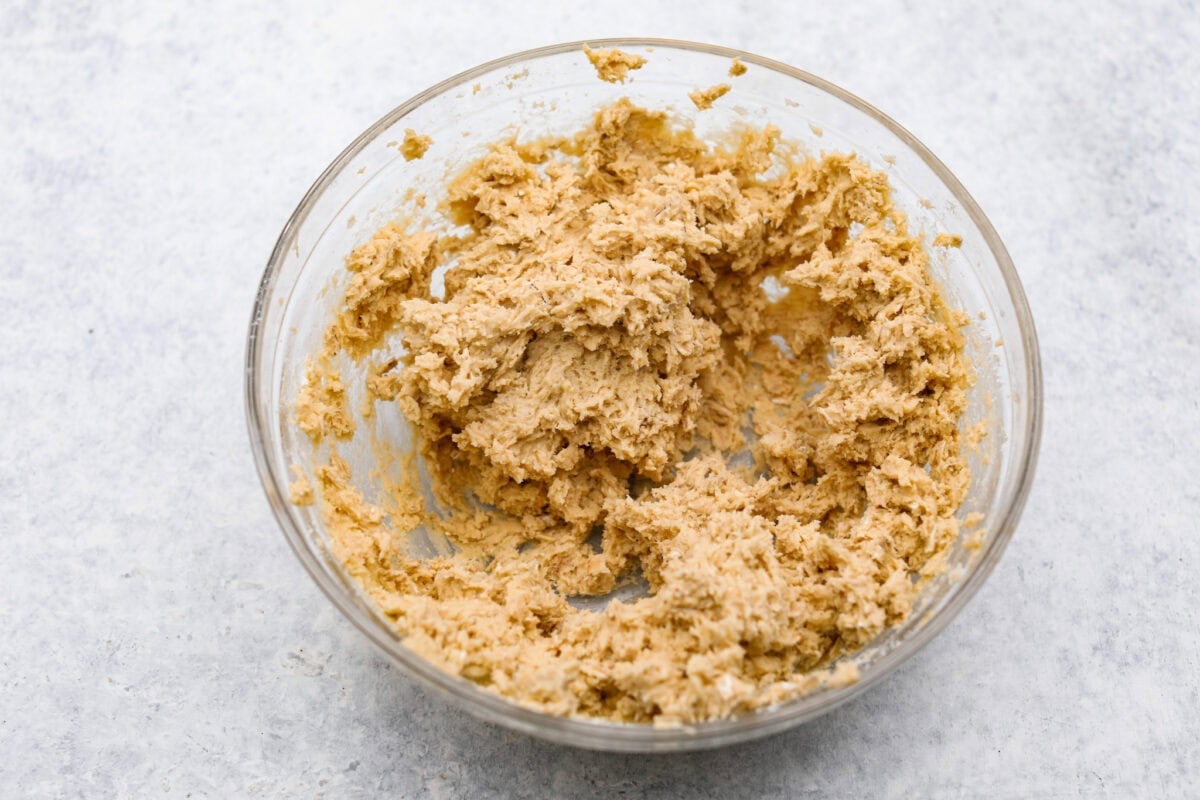 Overhead shot of cookie dough mixed in a bowl. 