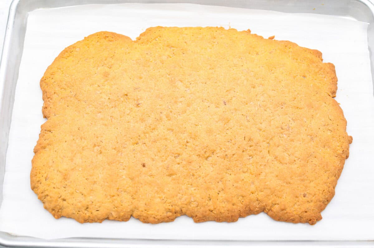 Overhead shot of baked rectangular oatmeal cookie slab. 