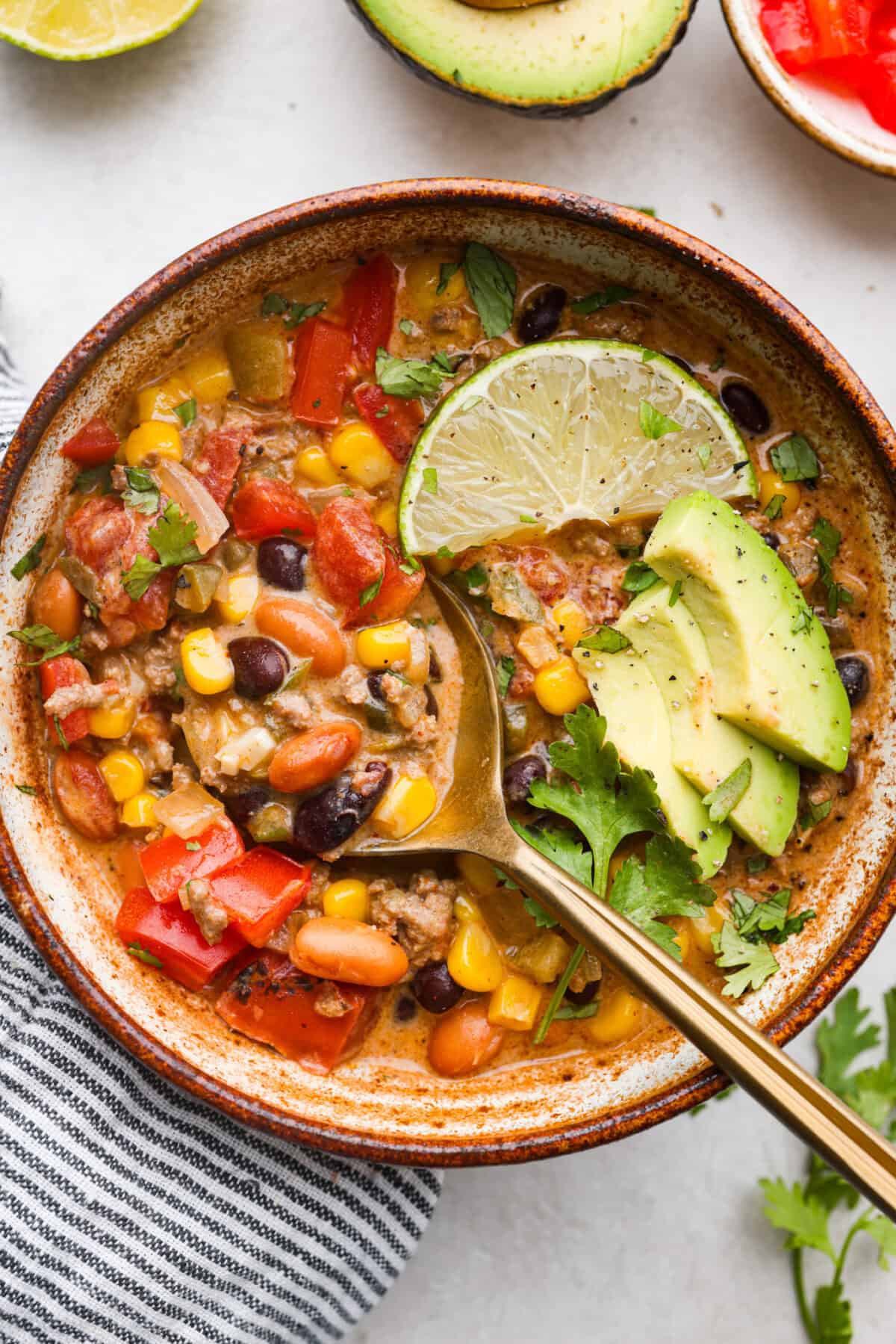 Overhead shot of a bowl of creamy taco soup. 