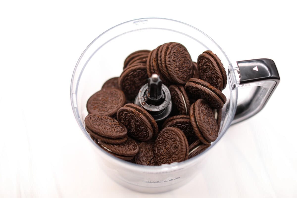 First photo of Oreo cookies in a food processor.