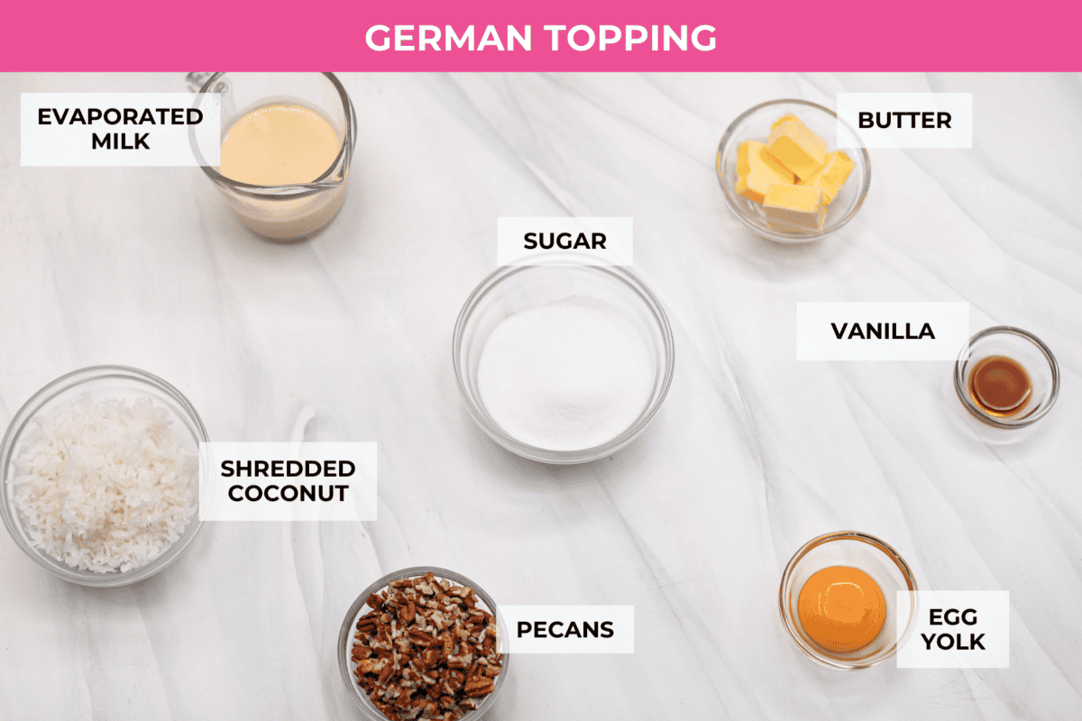 Ingredients listed to make German topping for the German chocolate cheesecake.