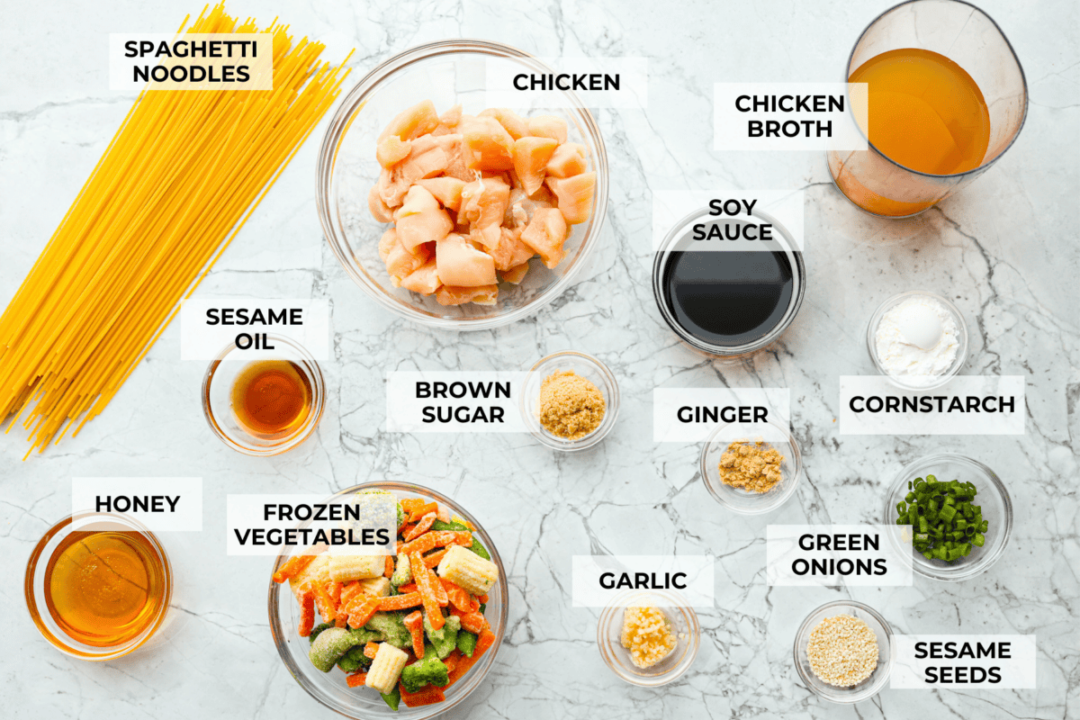 Overhead shot of labeled ingredients. 