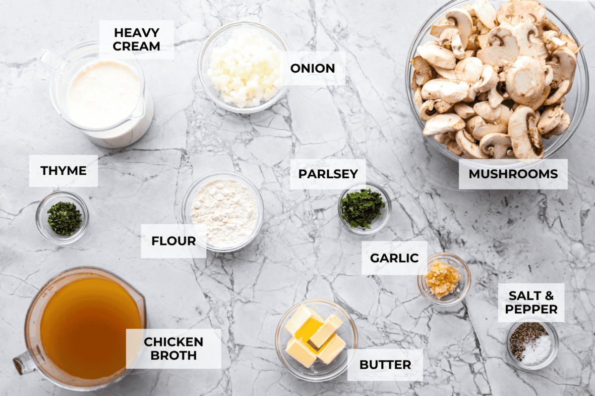 Overhead shot of labeled ingredients. 