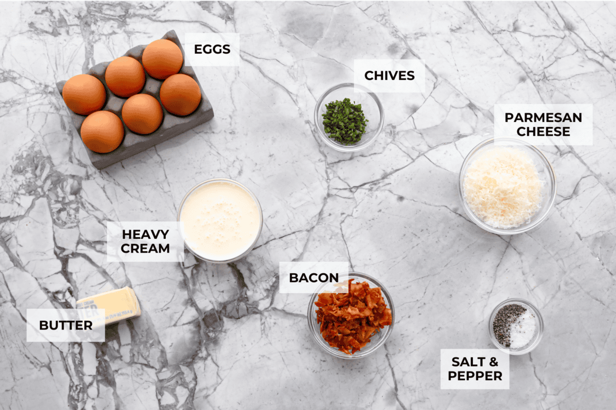 Overhead shot of labeled ingredients. 