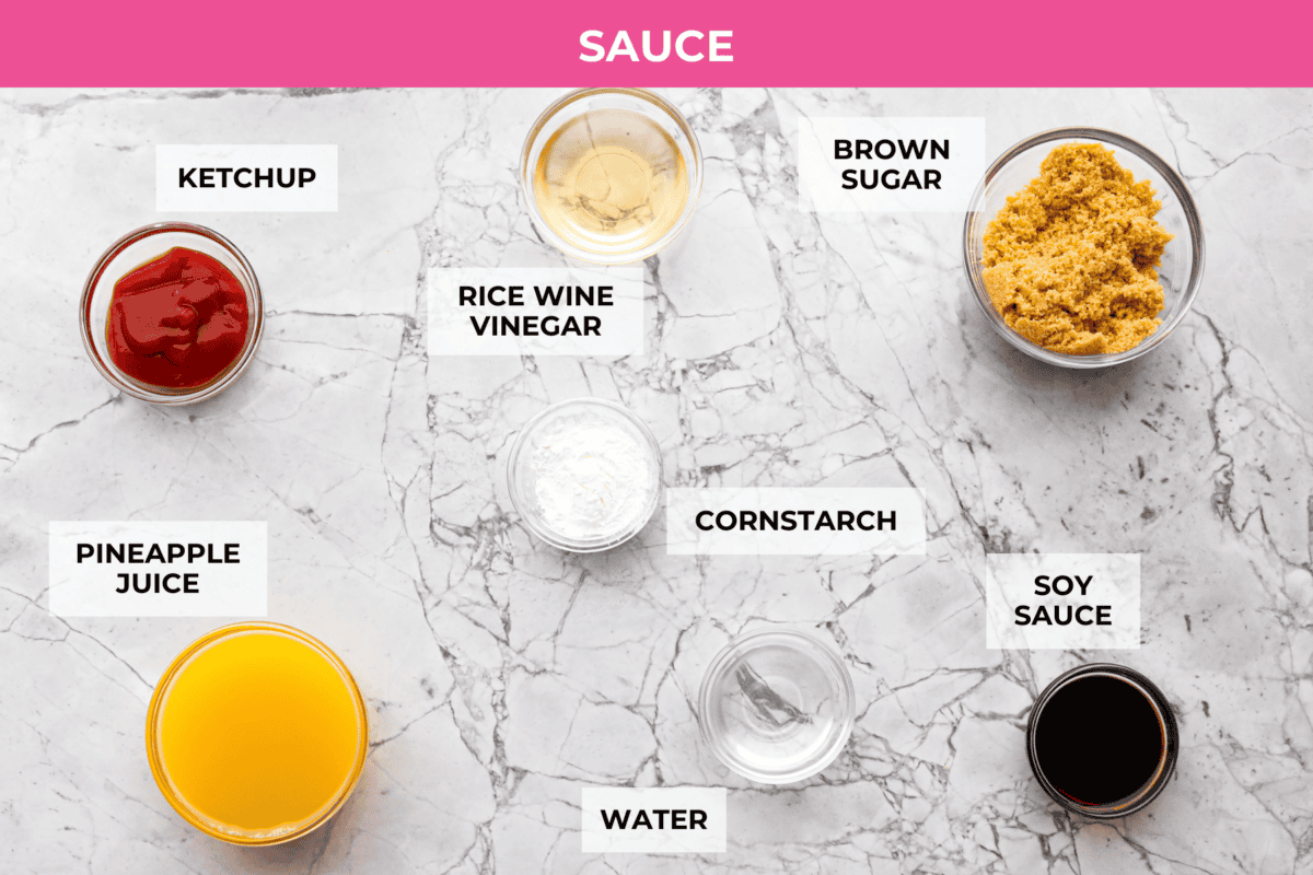 Overhead shot of labeled sauce ingredients. 