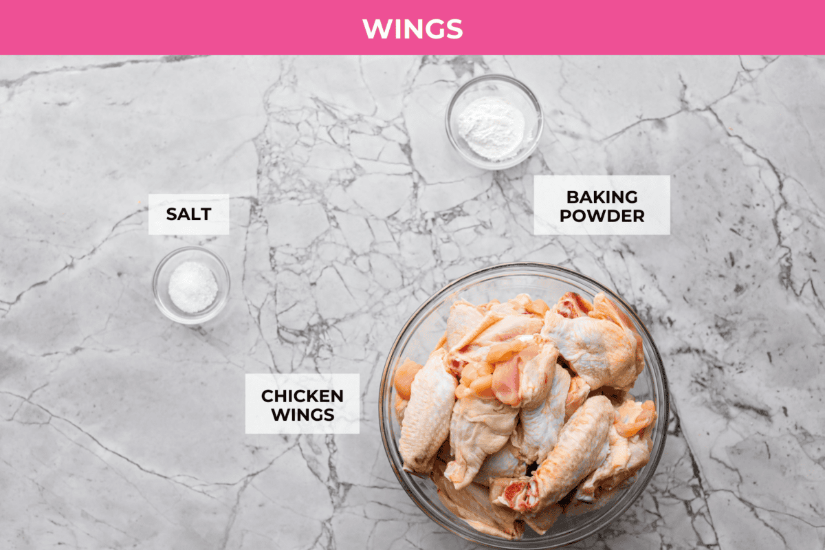 Overhead shot of labeled wings ingredients. 