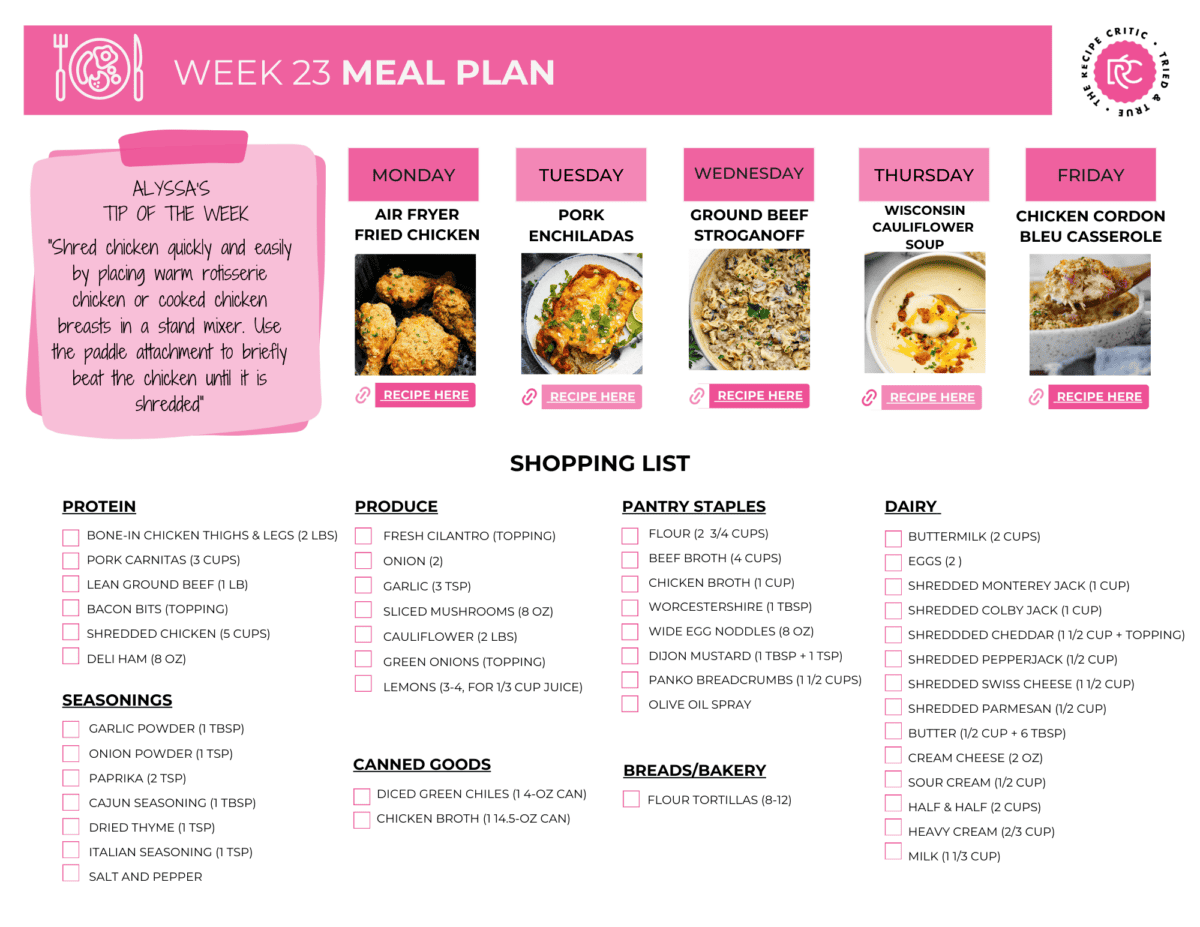 A pdf of a shopping list for week 23 meal plan.