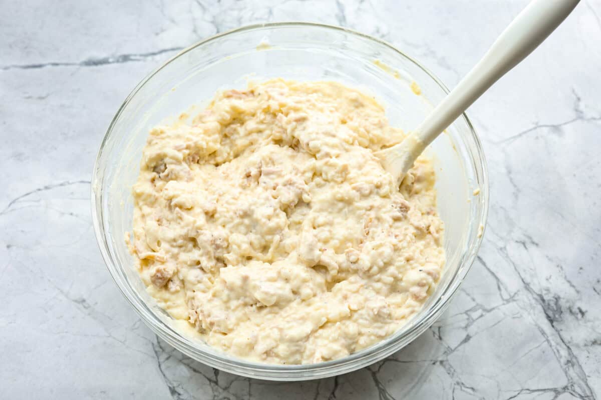 Overhead shot of chicken and rice mixed with the cream sauce mixture. 