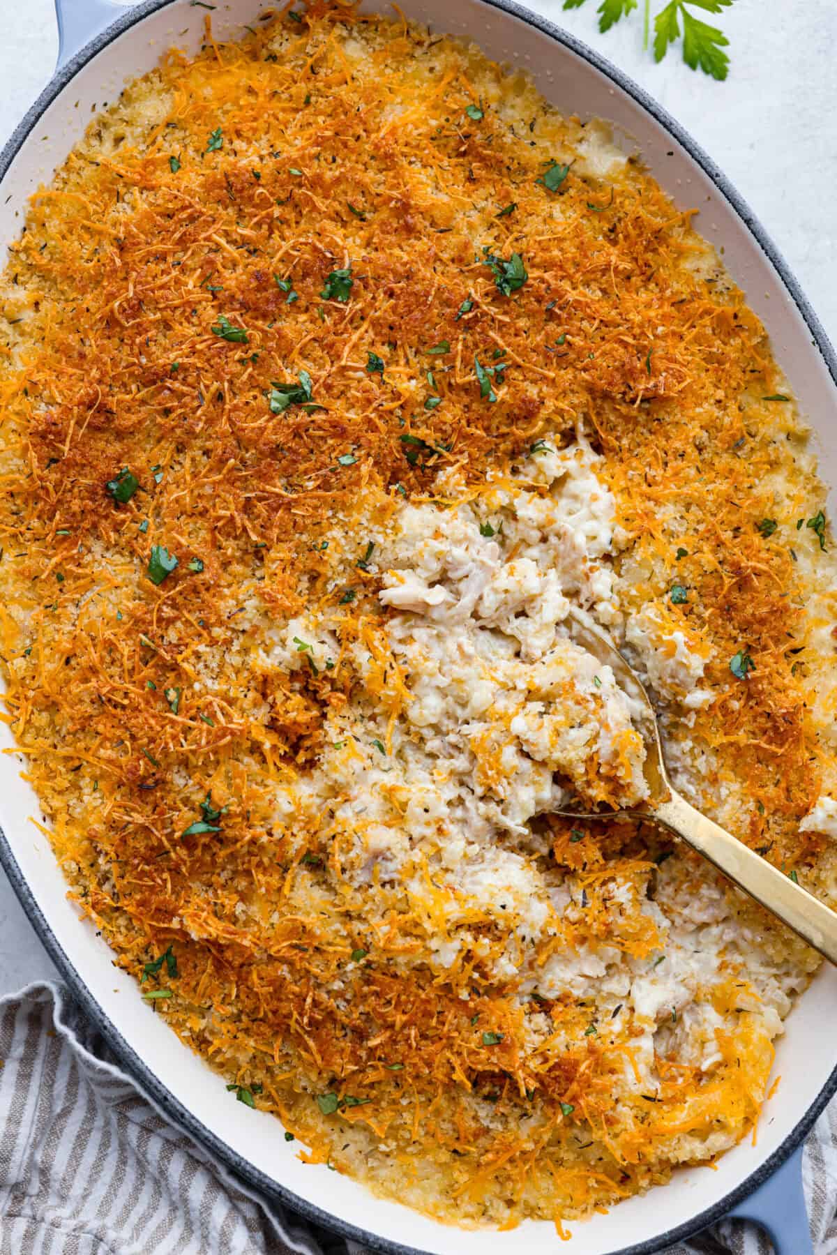 Overhead shot of angel chicken and rice casserole