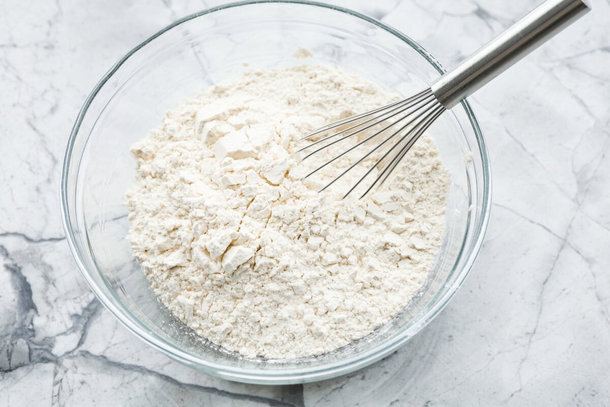 Overhead shot of dry ingredients whisked together. 