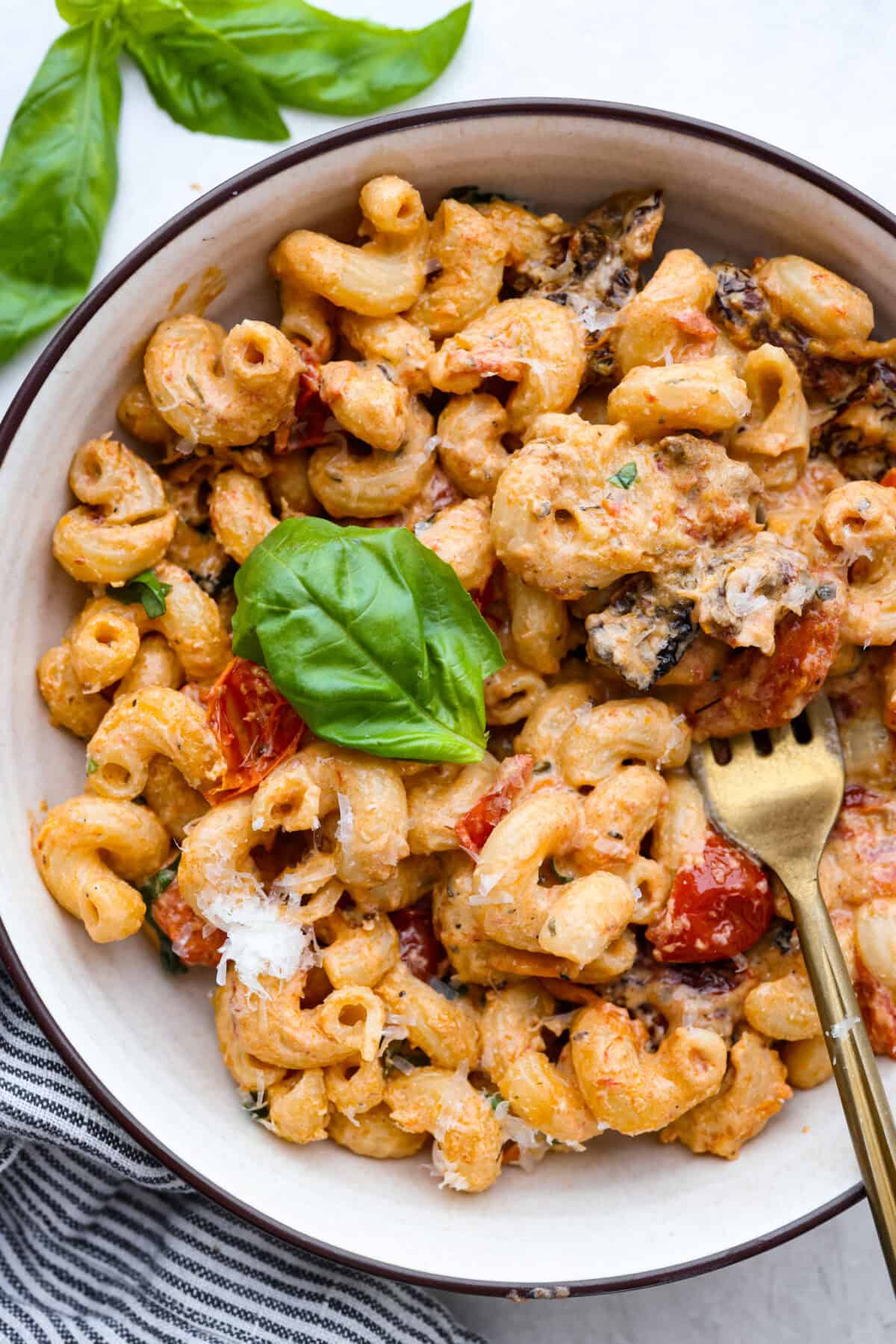 Overhead shot of plated Boursin pasta. 