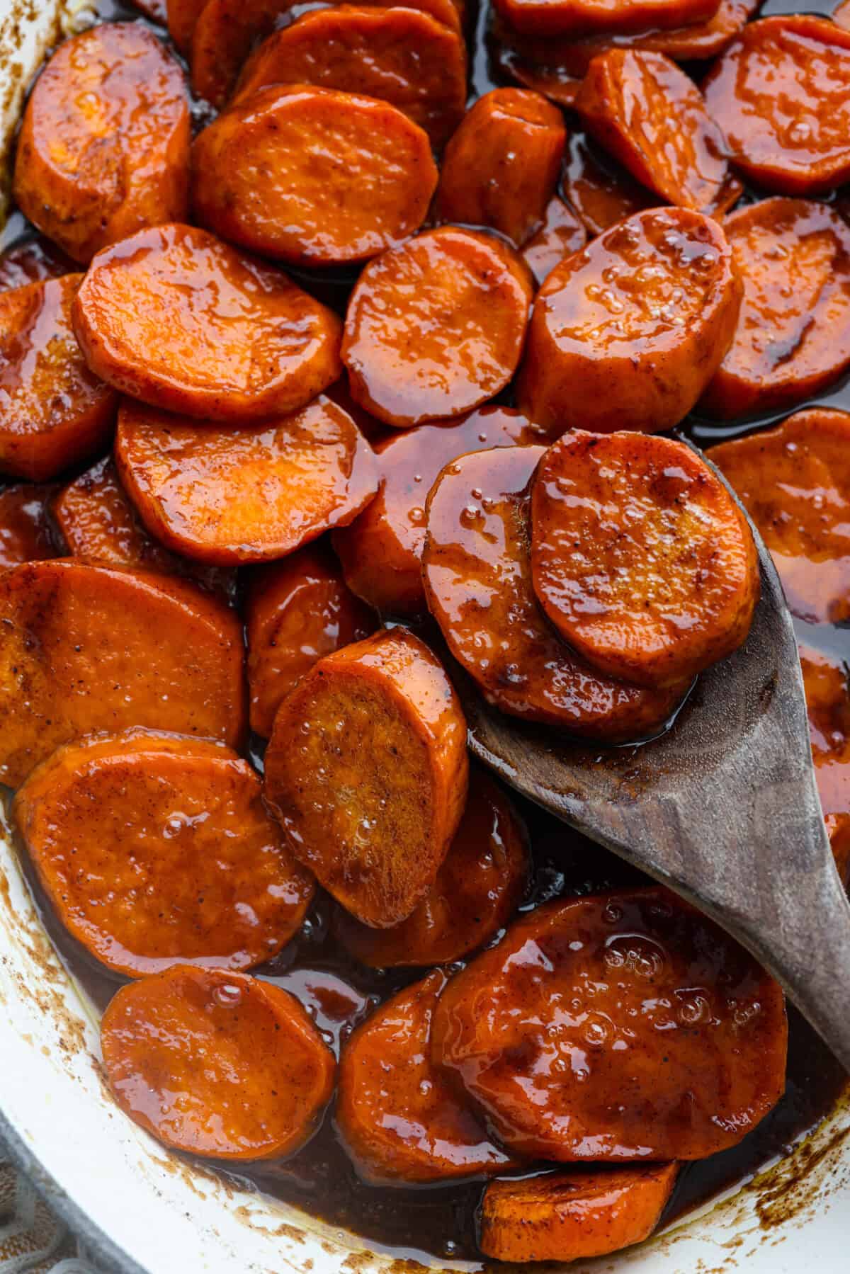 Close up shot of baked candied yams.