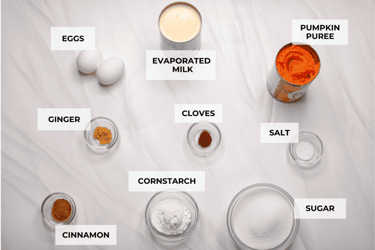 Overhead shot of labeled ingredients. 