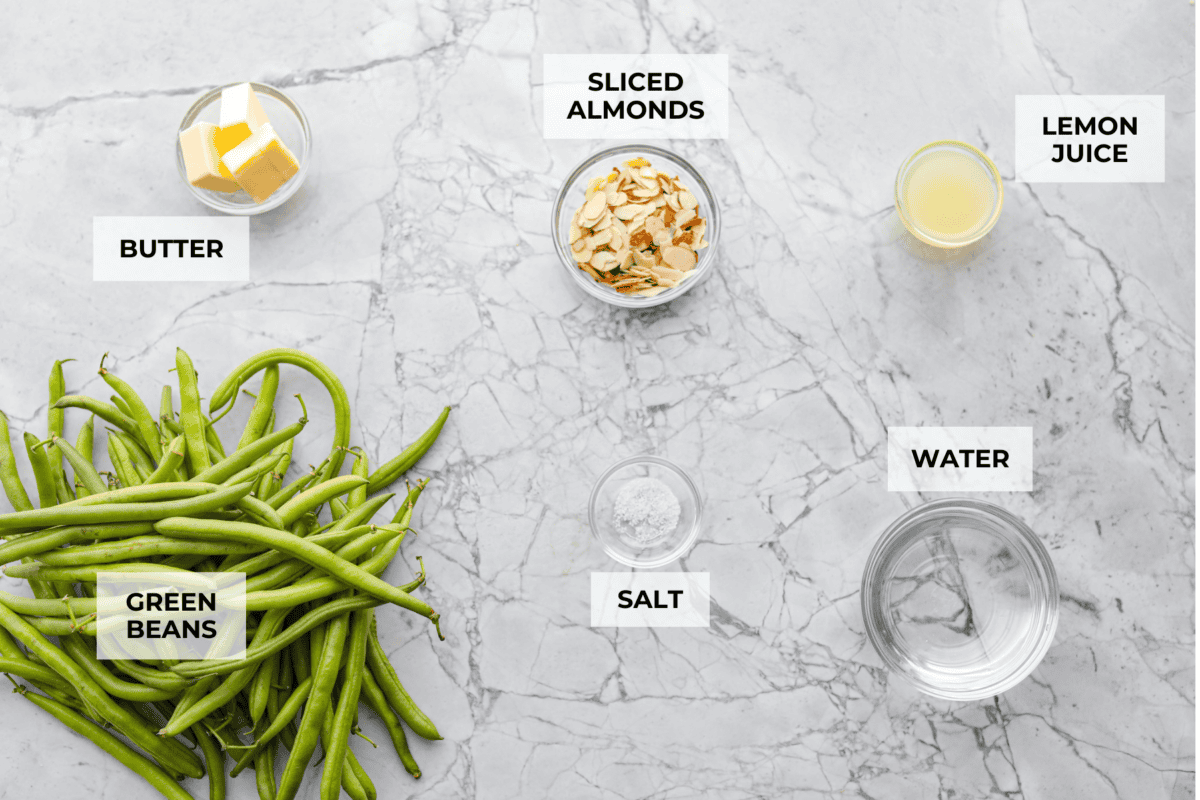 Overhead shot of labeled ingredients. 