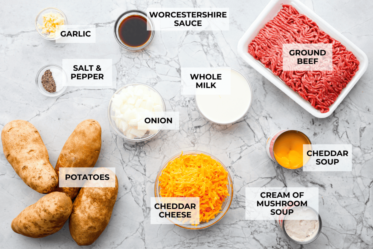 Overhead shot of labeled ingredients. 