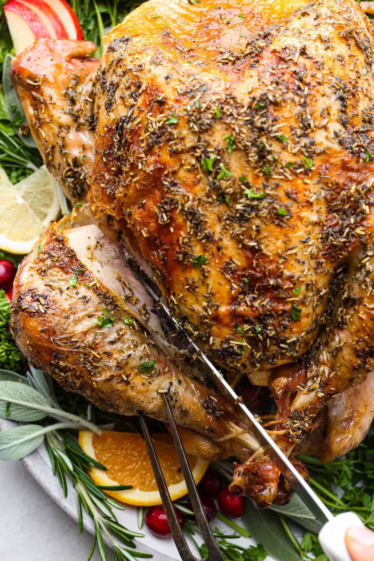 Close view of a knife carving into a turkey.