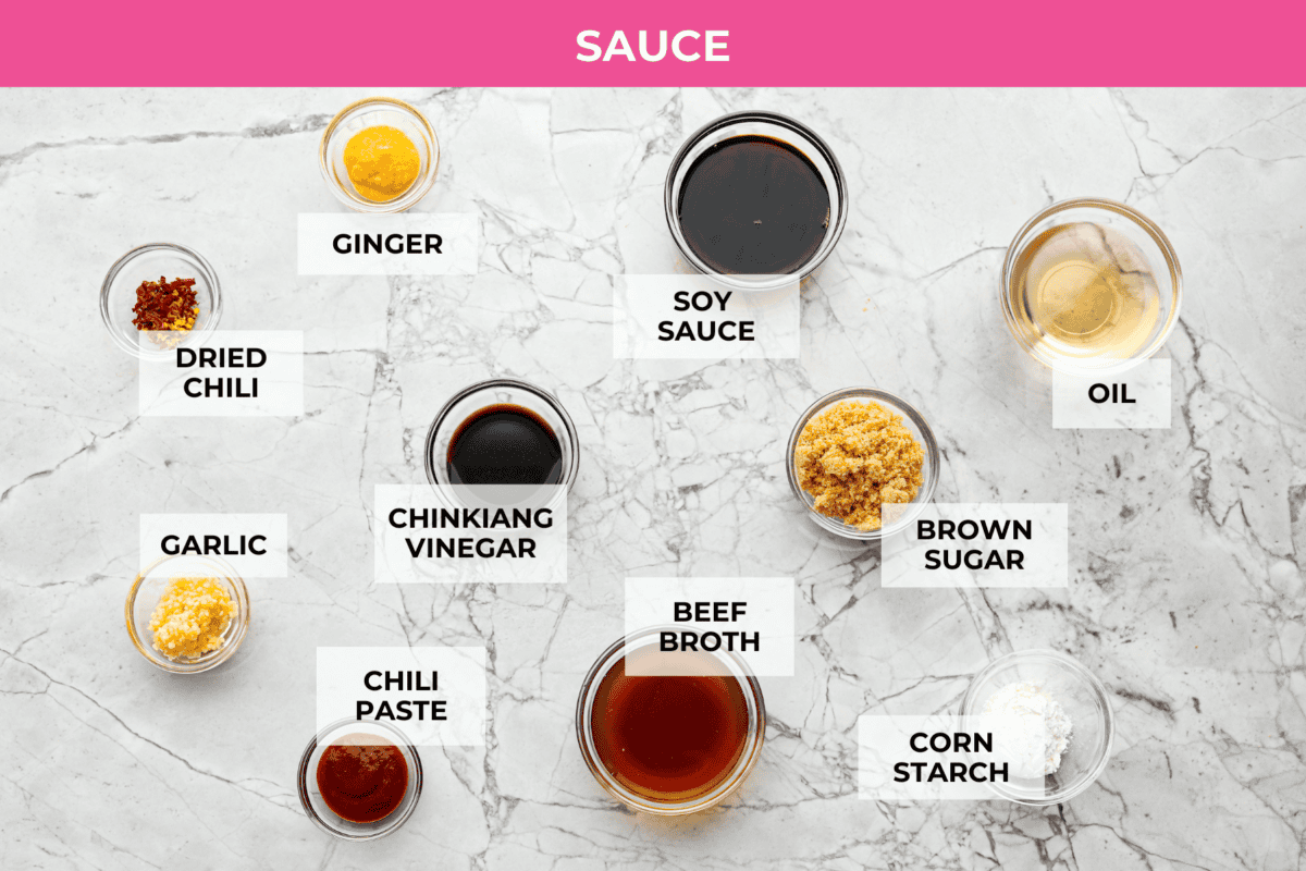 Overhead shot of labeled sauce ingredients. 