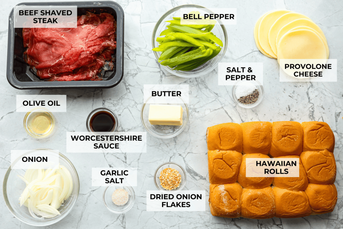 Overhead shot of labeled ingredients. 