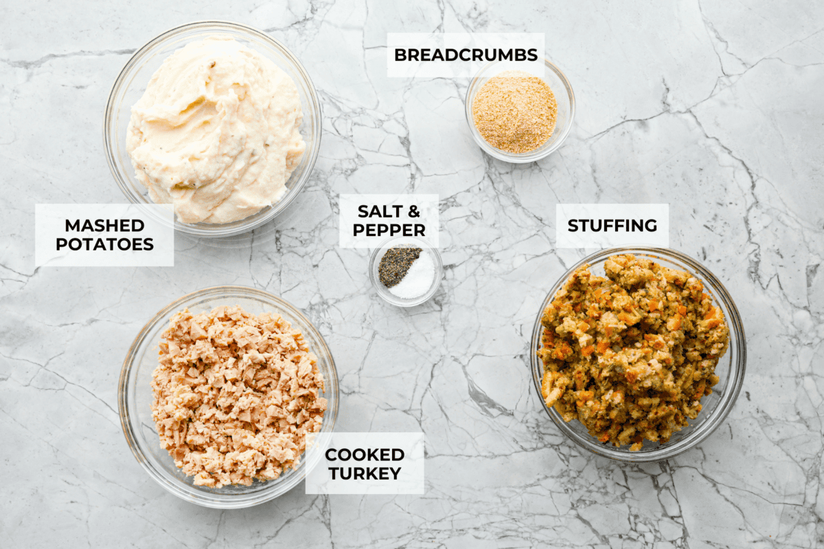 Overhead shot of labeled ingredients. 