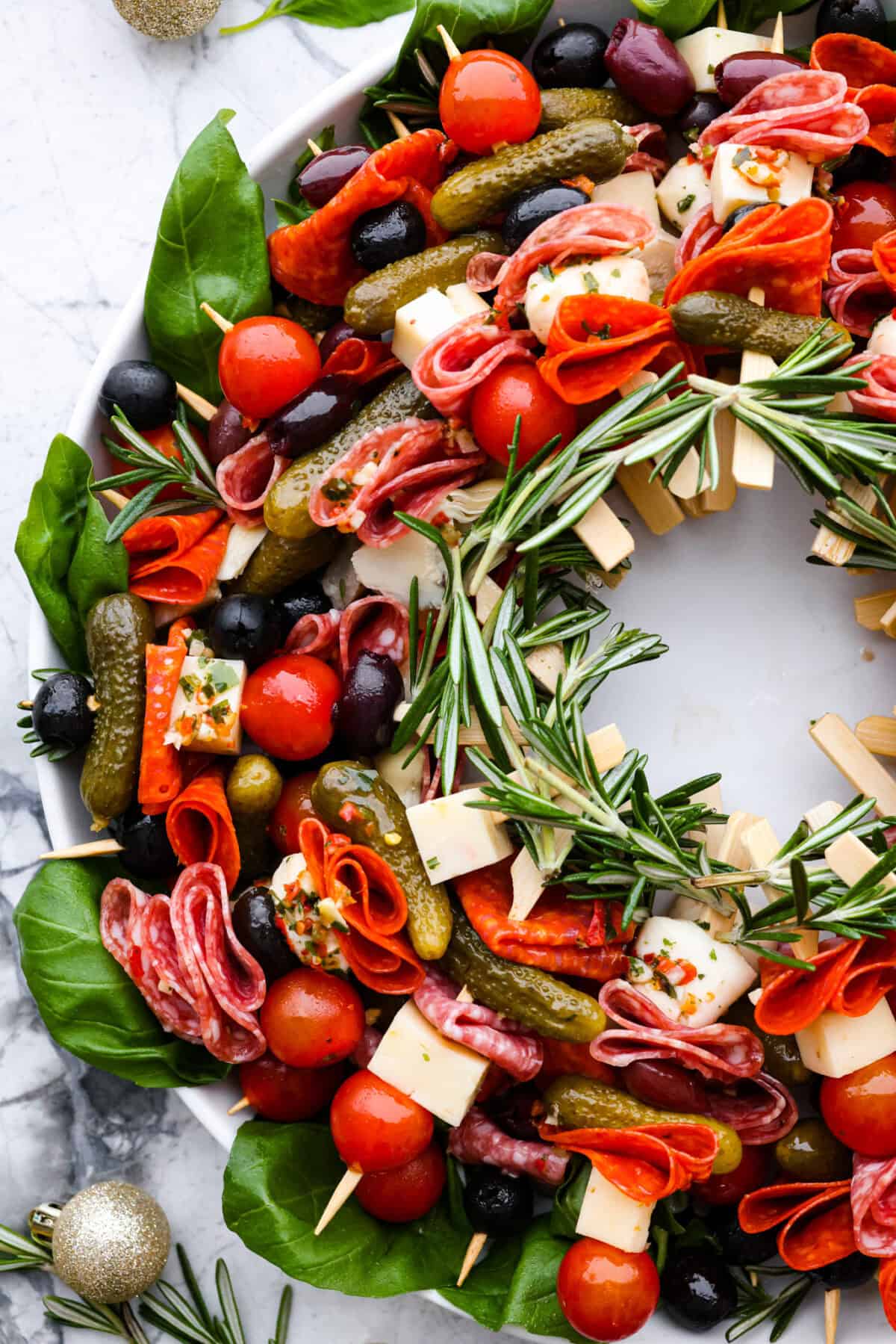 Close view of antipasto charcuterie skewers.