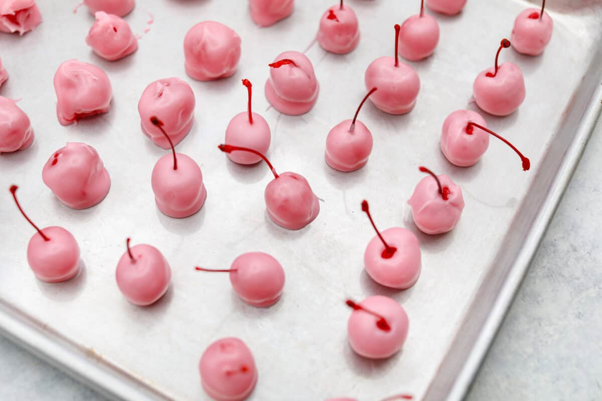 Overhead shot of fondant dipped cherries on a baking sheet. 