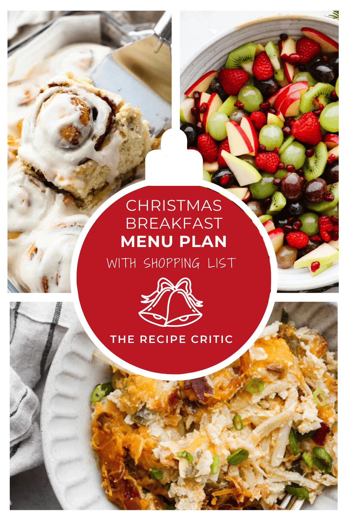 A collage of 3 images with an ornament graphic that says Christmas Breakfast meal plan with shopping list. 