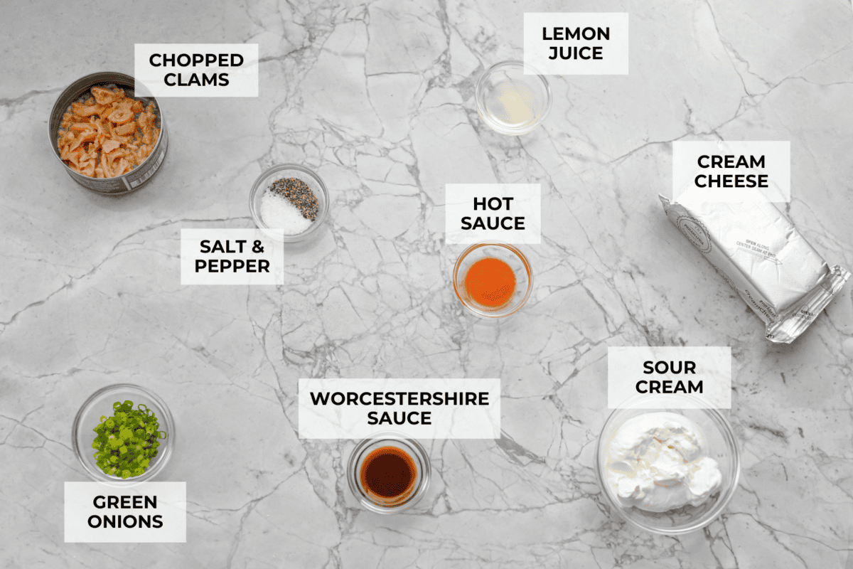 Overhead shot of labeled ingredients. 