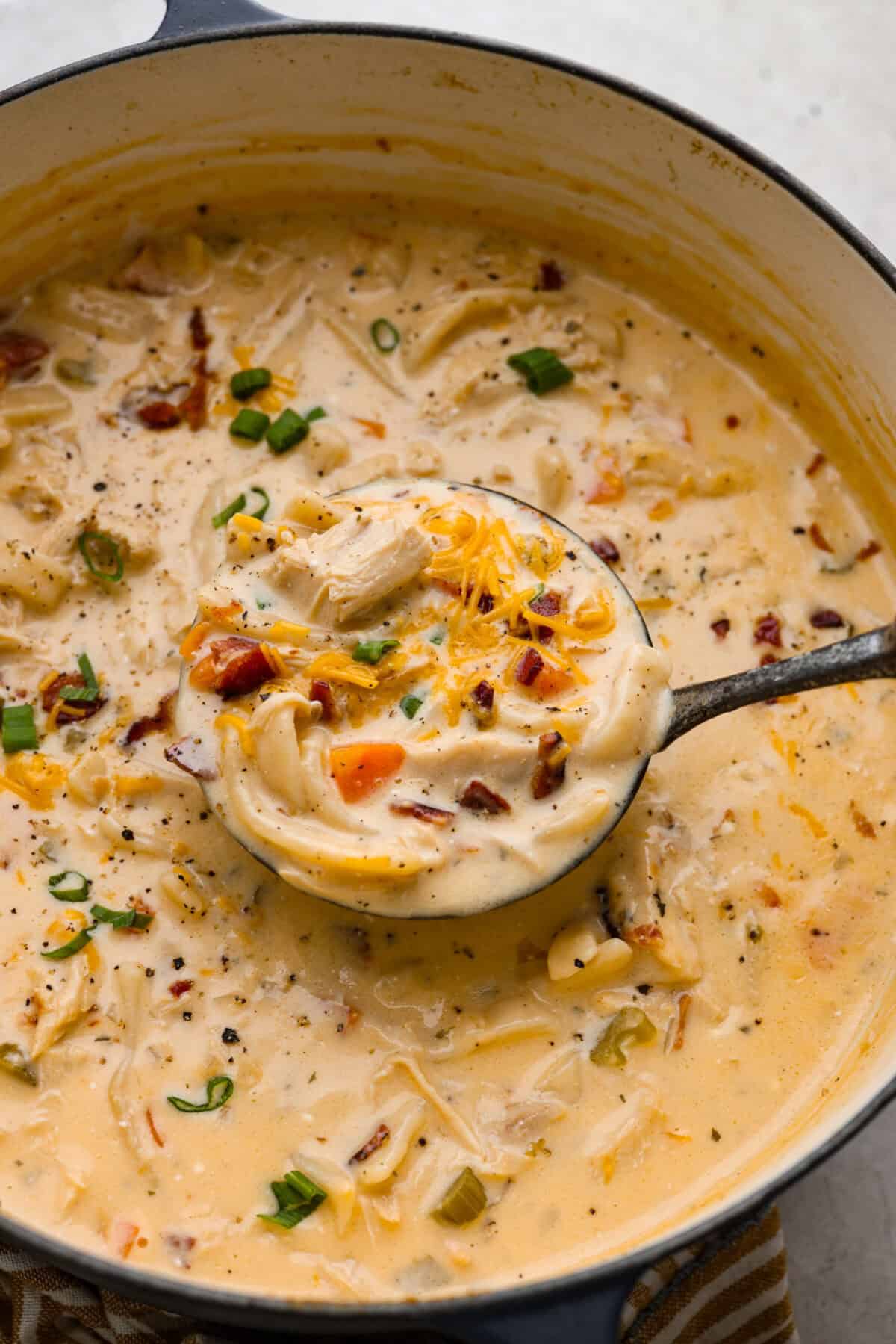 Overhead shot of crack chicken noodle soup.