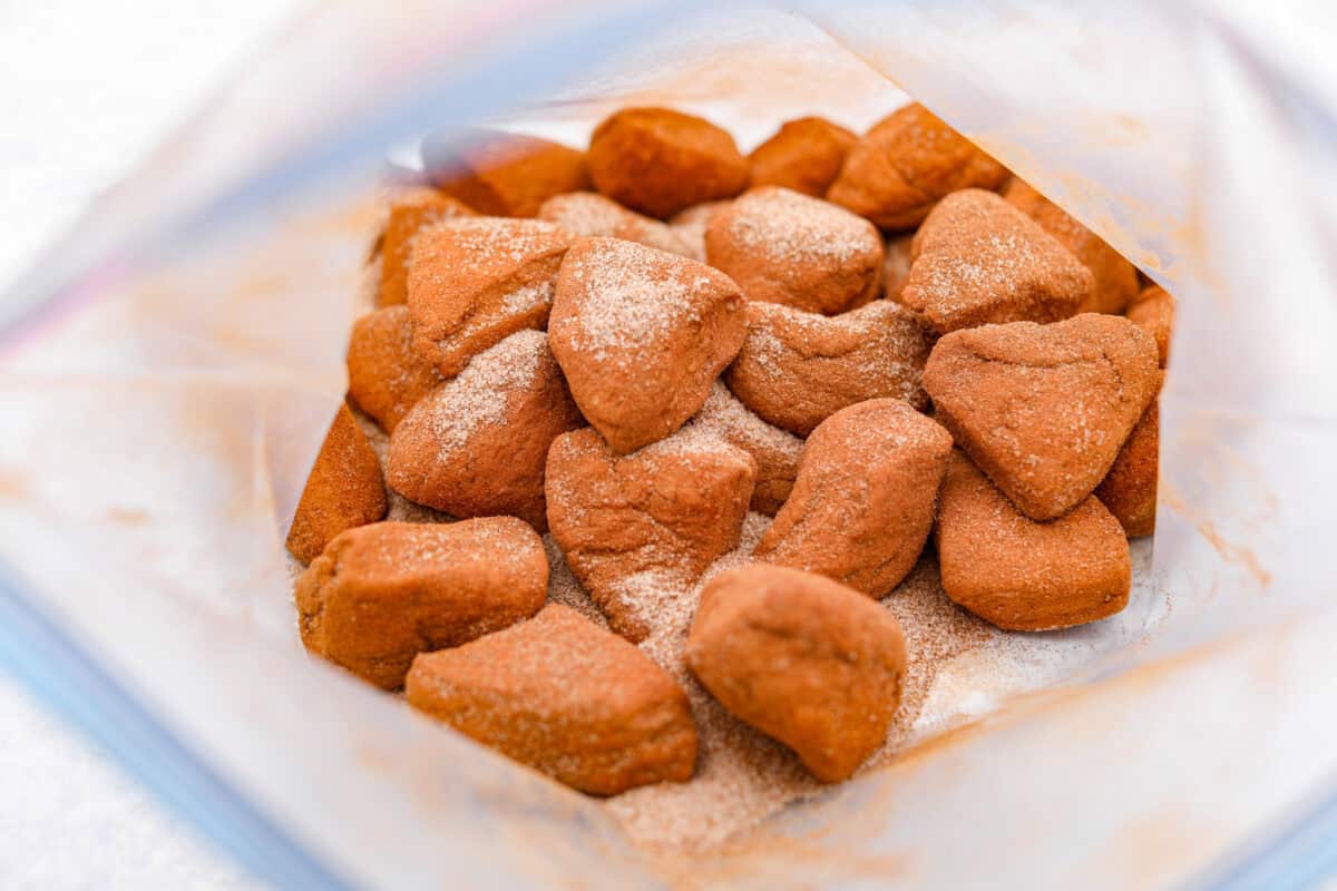 Overhead shot of biscuit dough in a ziploc bag with cinnamon and sugar. 