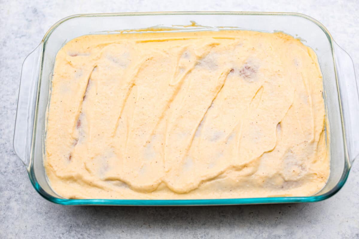 Overhead shot of the cake topped with the topping.